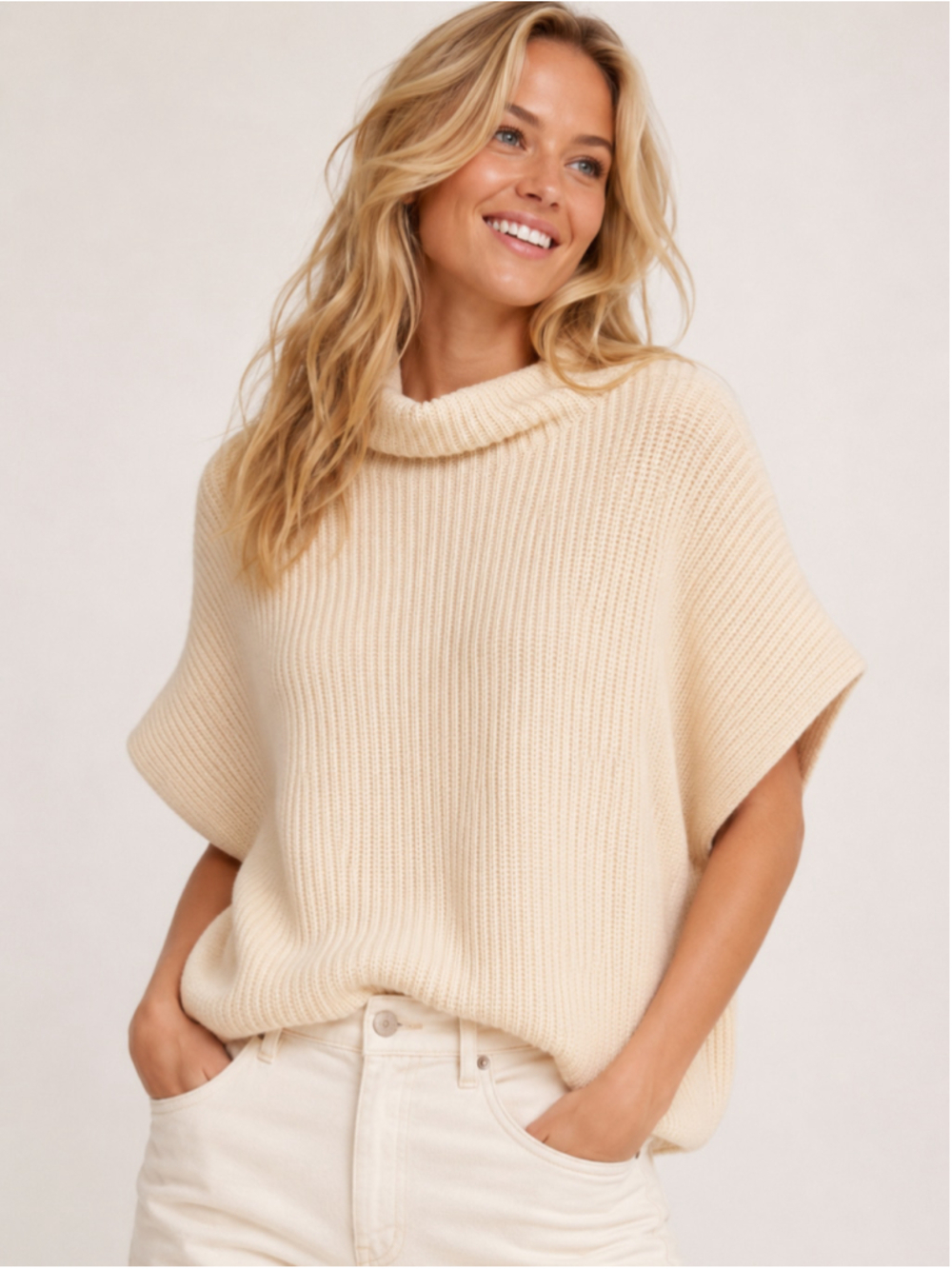 Luminary Fine Collection Cream Sweater Ribbed Mock Neck Old Money Coastal Scandi